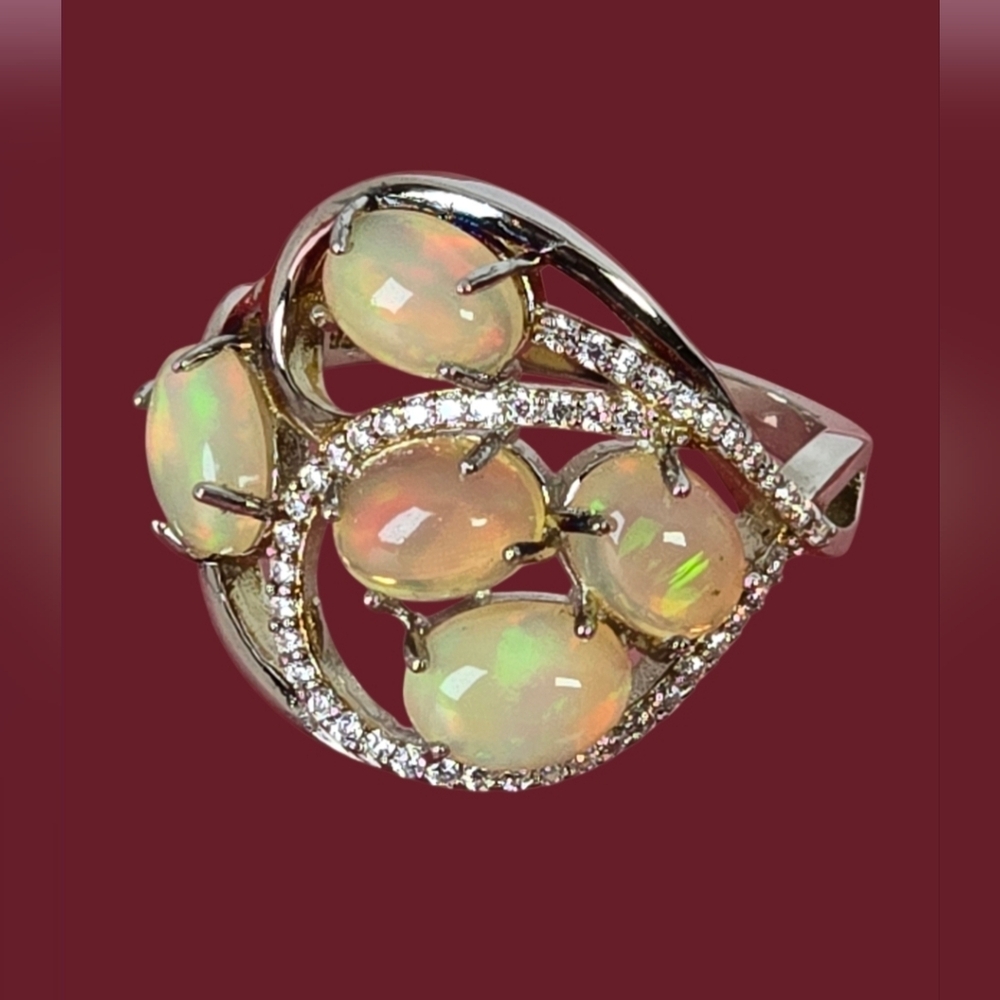 925 Sterling Silver Ring with Natural White Opals & CZ - Picture 2 of 9